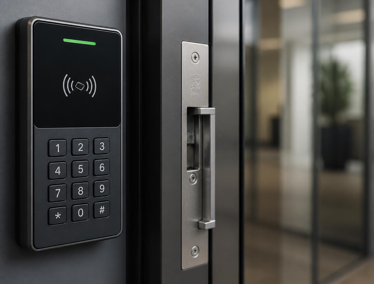 Commercial card reader, keypad and electric strike hardware on an office door