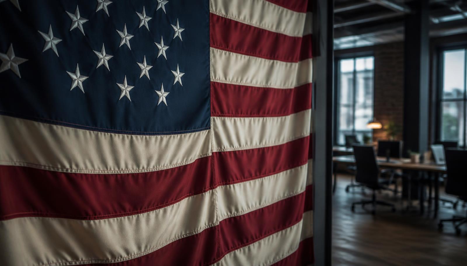 American flag displayed in a commercial workspace