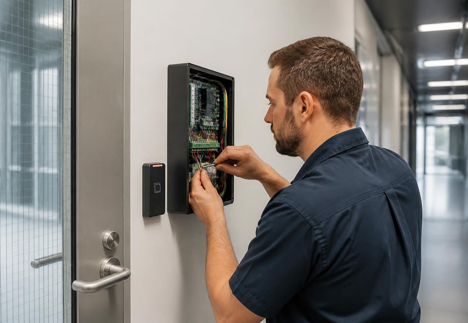 Technician servicing a commercial access control panel beside a secured door